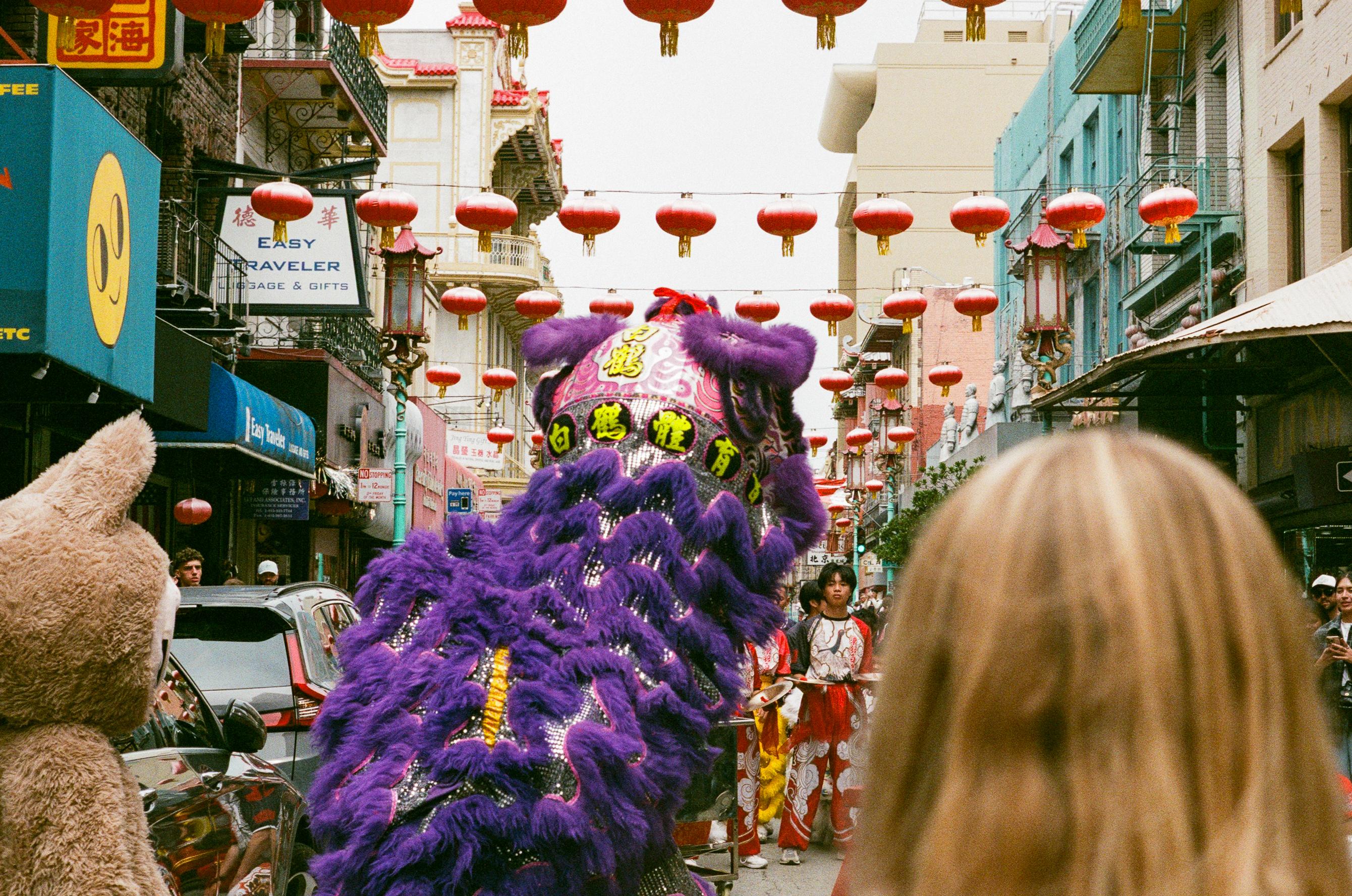 Purple lion dance costume in a street decorated with red lanterns, viewed from behind a crowd during a festive celebration.